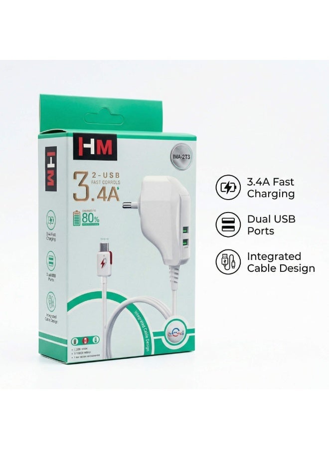 اتش ام شاحن حائط سريع HM مزدوج بمنفذي USB وبقوة 3.4 أمبير مع كابل TC - Image 2
